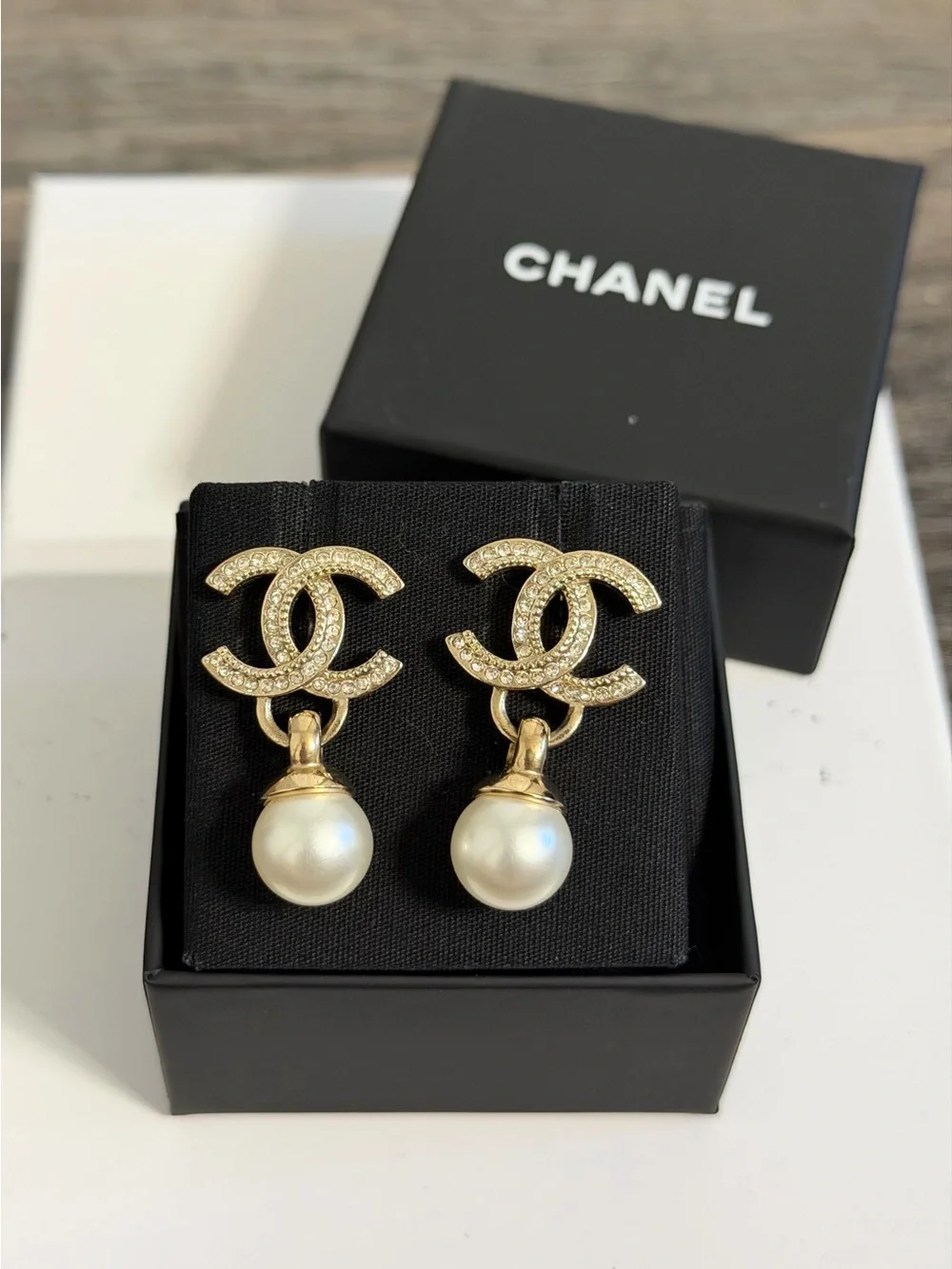 CHANEL Gold Crystal CC Pearl Drop Earrings